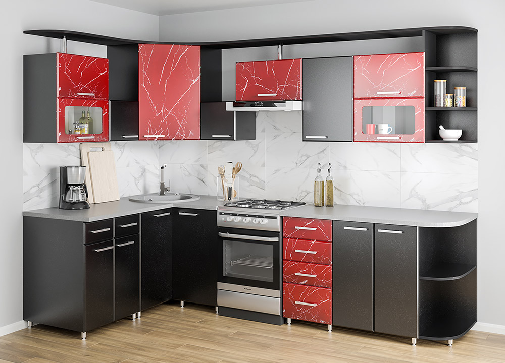 Изображение кухня «лиза» (бордовое серебро / черный металл) левый угол