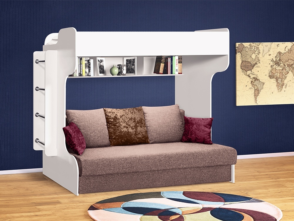 Кровать двухъярусная с диваном «Элиза Голд» (белый матовый)