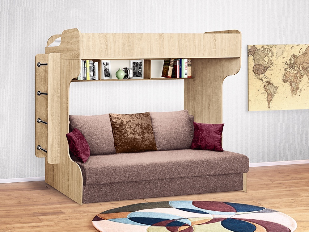 Кровать двухъярусная с диваном «Элиза Голд» (дуб сонома)