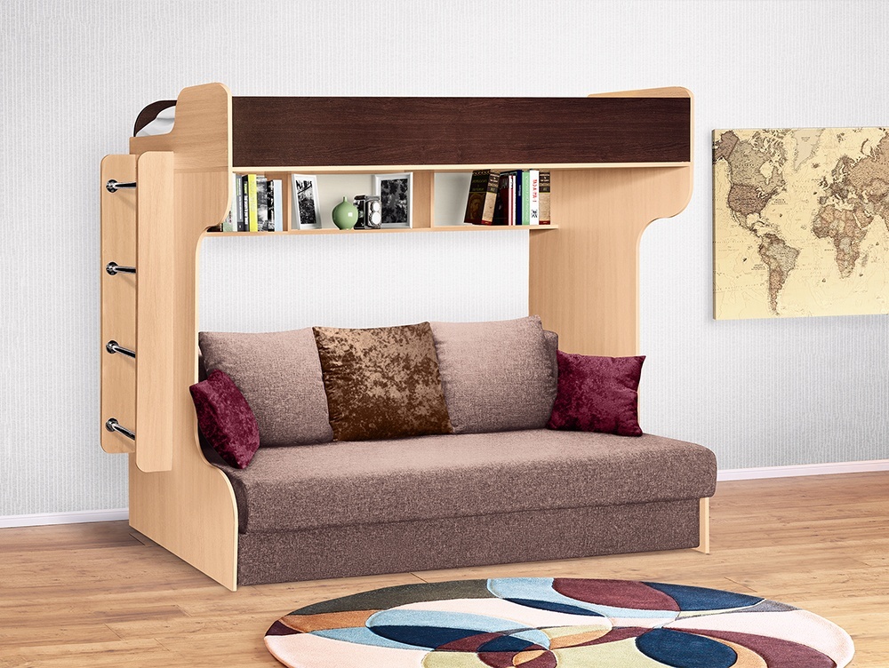 Кровать двухъярусная с диваном «Элиза Голд» (венге мария / дуб молочный)